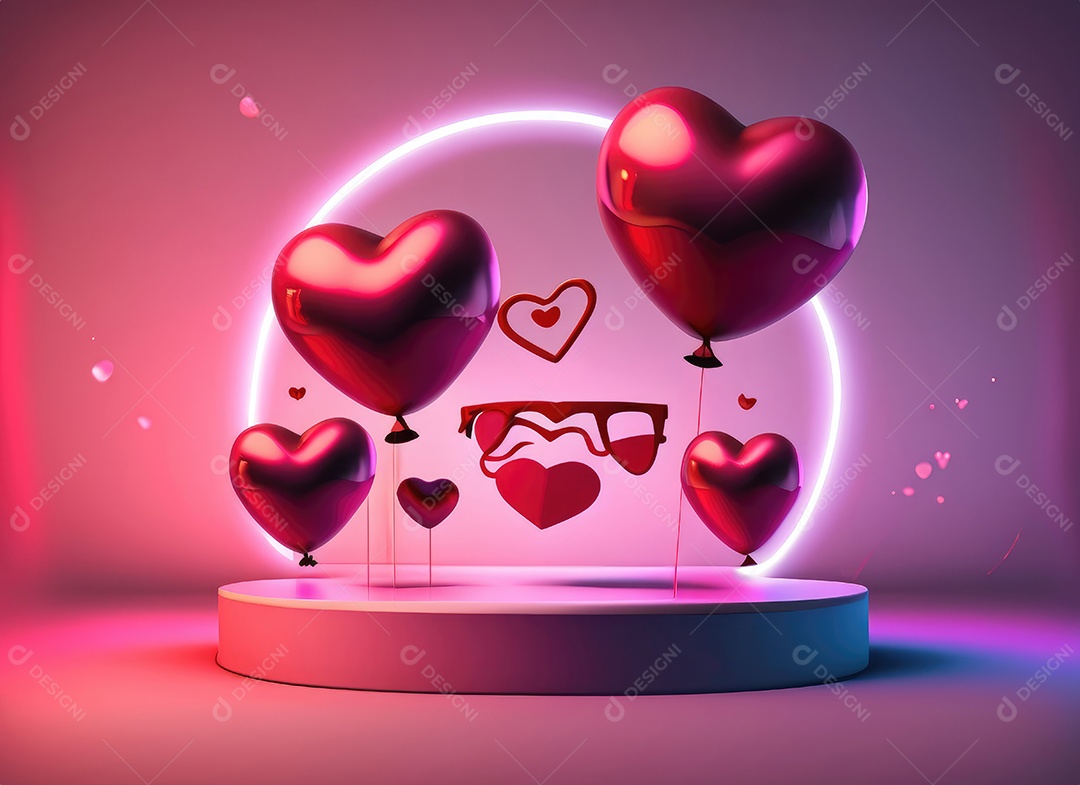 Dia dos namorados com balão vermelho e rosa, círculo neon, palco redondo,