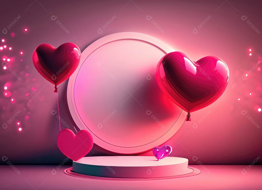 Dia dos namorados com balão vermelho e rosa, círculo neon, palco redondo,