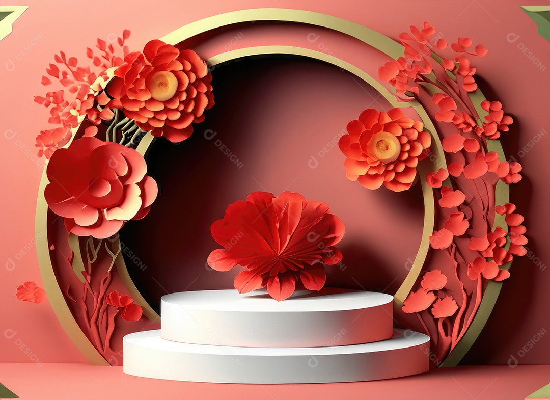 Feliz fundo do Dia dos Namorados. Pódio de palco 3d realista, estúdio redondo, objetos decorativos festivos, balões em forma de coração.