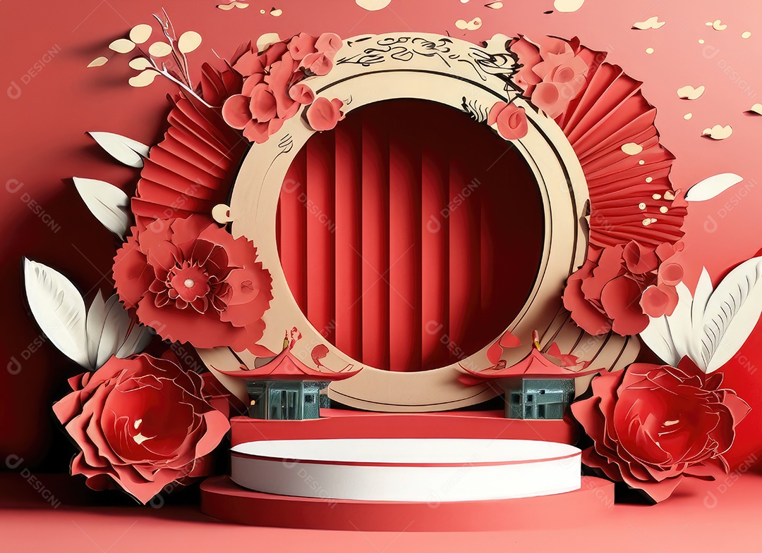 Podium redondo e arte em papel Ano Novo Chinês, Festivais Chineses