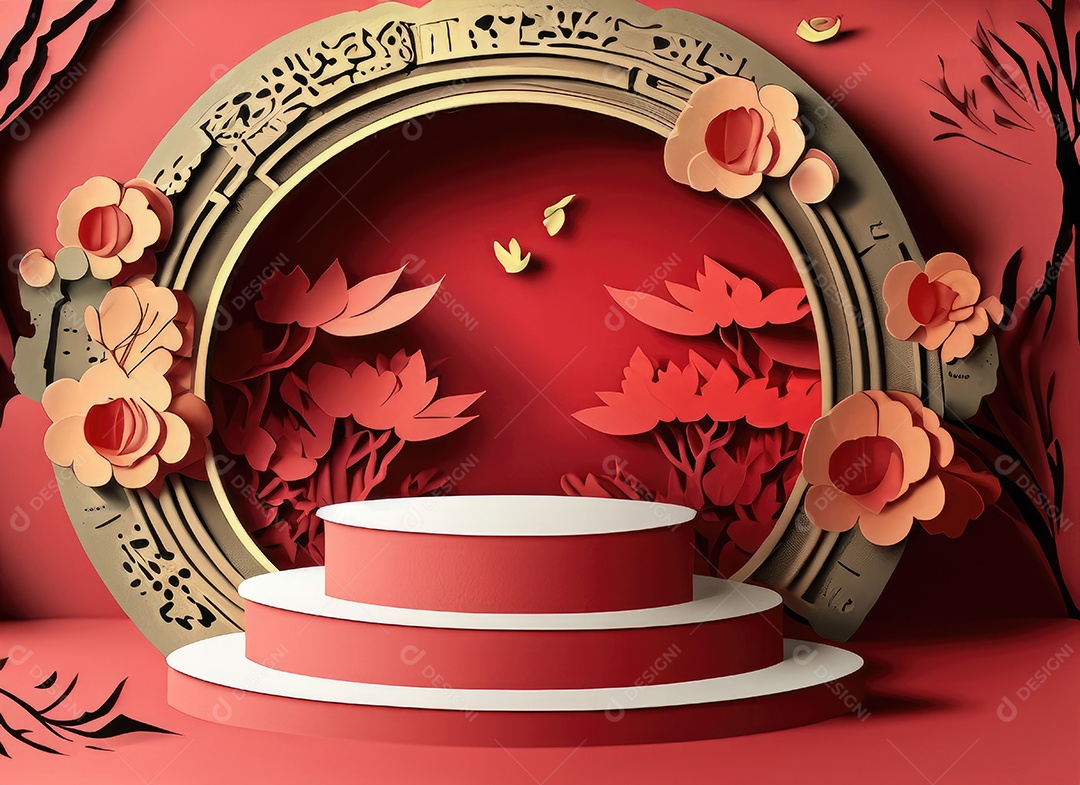 Pódio redondo e arte em papel Ano Novo Chinês, Festivais Chineses