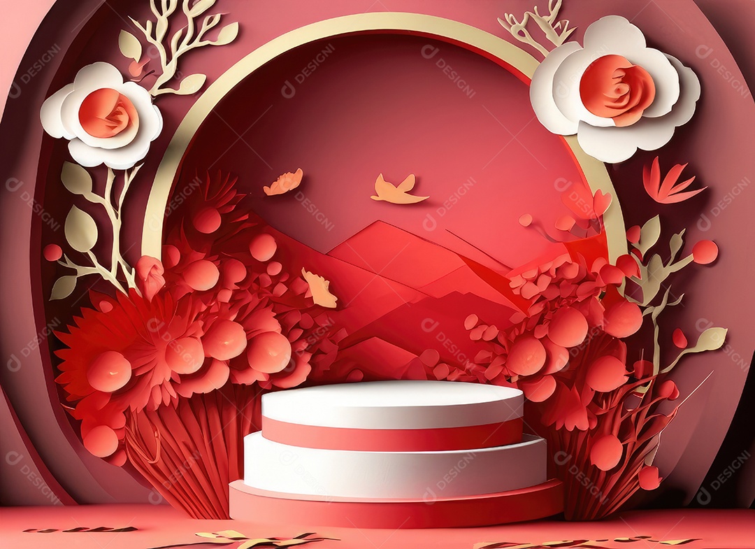 Pódio redondo e arte em papel Ano Novo Chinês, Festivais Chineses