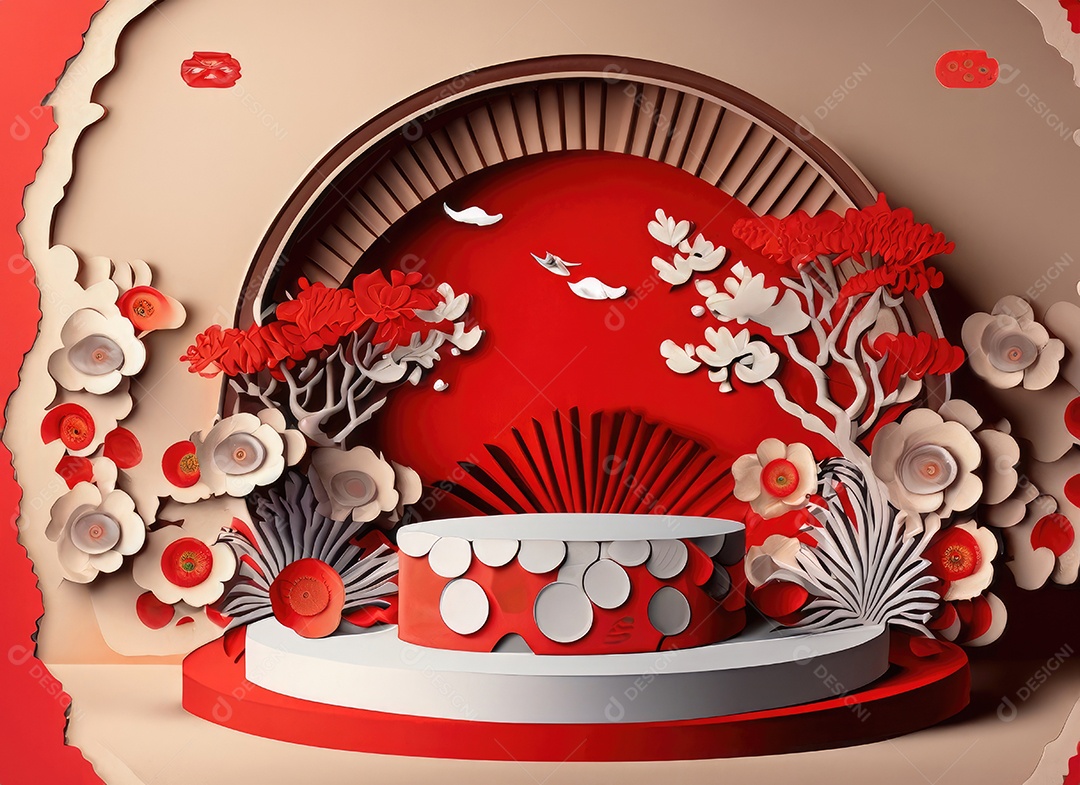 Pódio redondo e arte em papel Ano Novo Chinês, Festivais Chineses