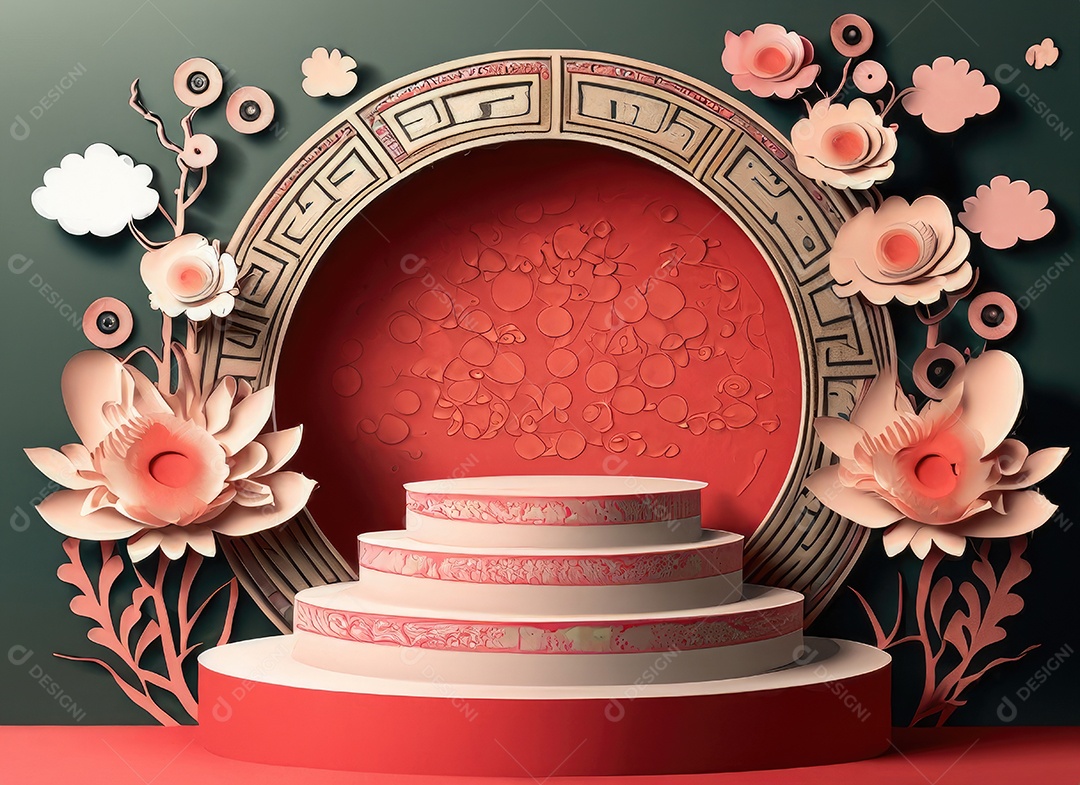 Pódio redondo e arte em papel Ano Novo Chinês, Festivais Chineses