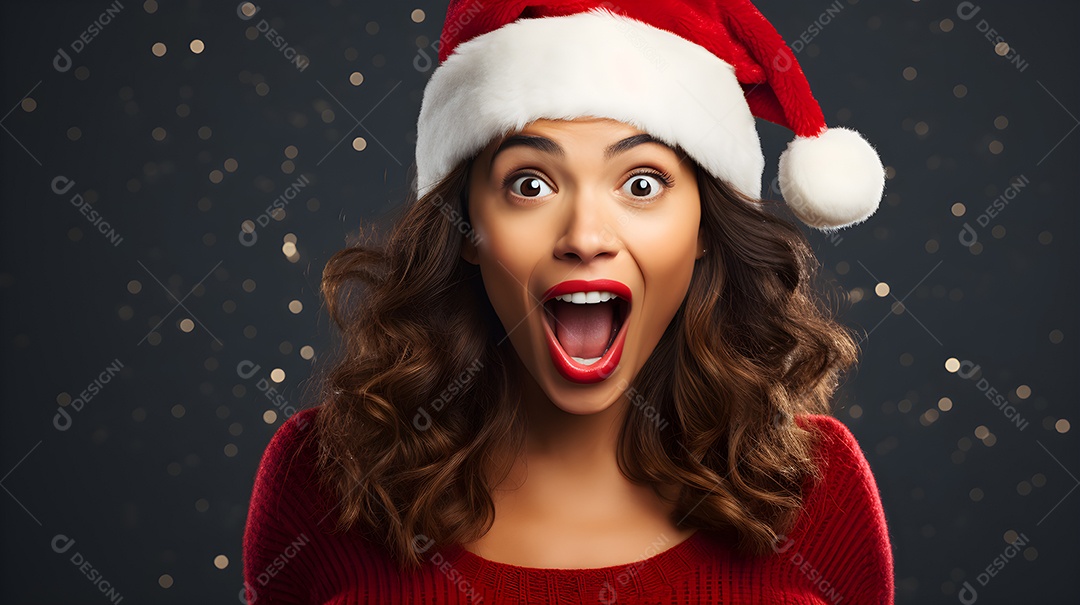 Jovem mulher atraente usando chapéu de Papai Noel, olhando para o espaço de cópia para promoção publicitária de ano novo