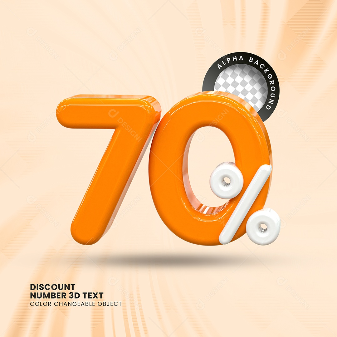 Número 70% Desconto Elemento 3D Laranja Branco para Composição PSD