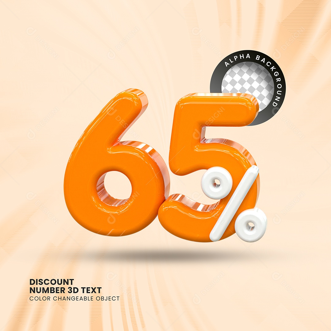Número 65% Desconto Elemento 3D Laranja Branco para Composição PSD