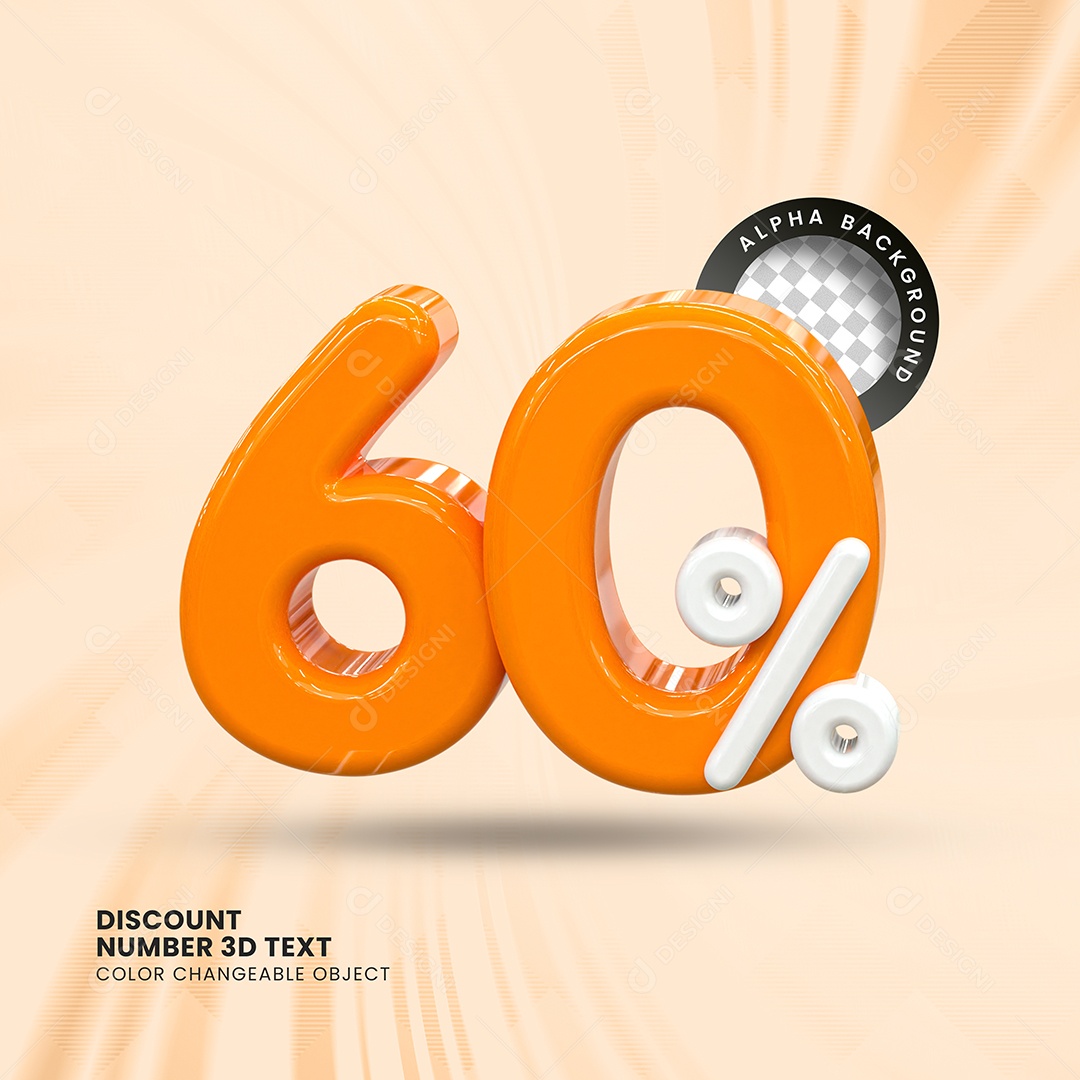 Número 60% Desconto Elemento 3D Laranja Branco para Composição PSD
