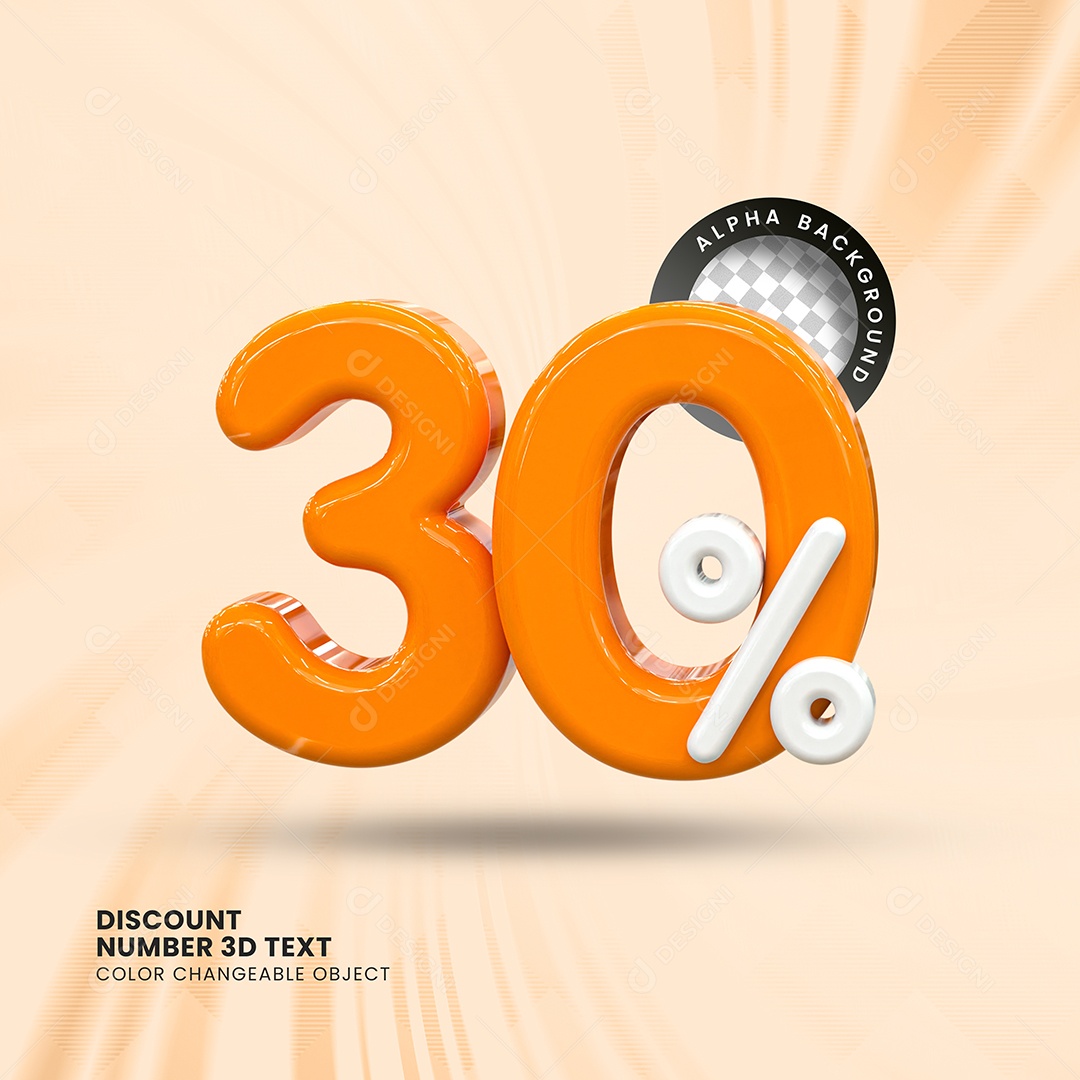 Número 30% Desconto Elemento 3D Laranja Branco para Composição PSD