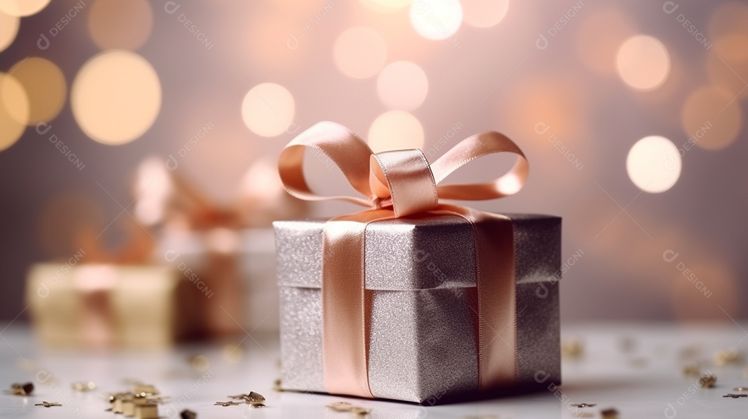 Decoração de Natal, árvore, bola, caixa de presente, fundo bokeh