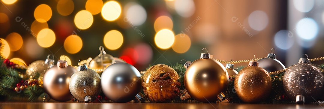 Decoração de Natal, árvore, bola, caixa de presente, fundo bokeh