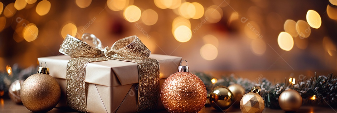 Decoração de Natal, árvore, bola, caixa de presente, fundo bokeh