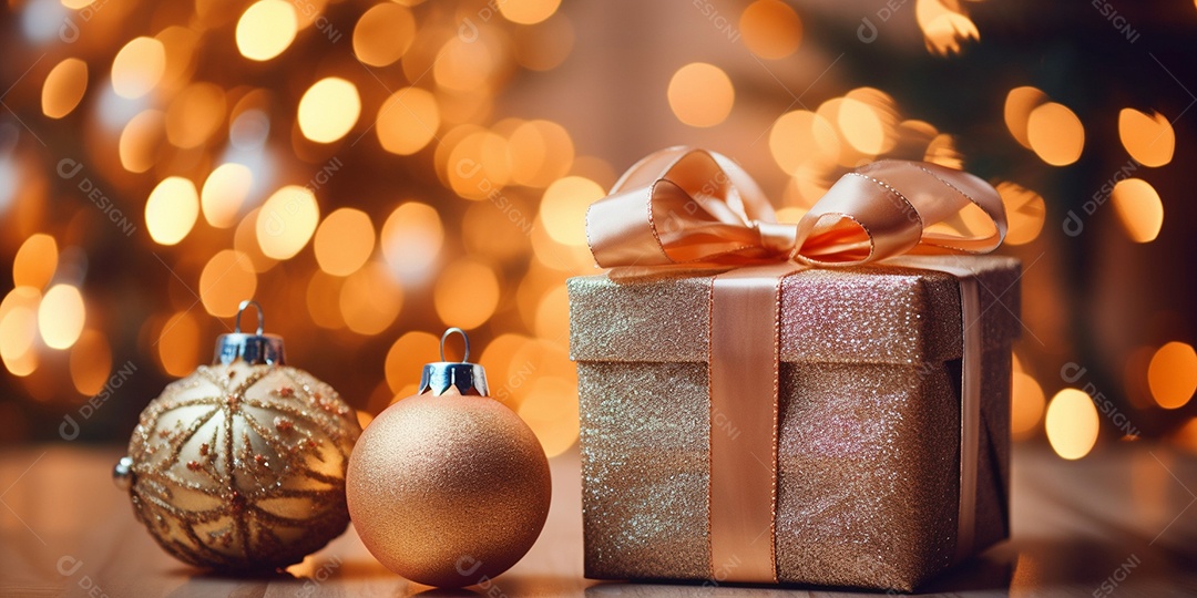 Decoração de Natal, árvore, bola, caixa de presente, fundo bokeh