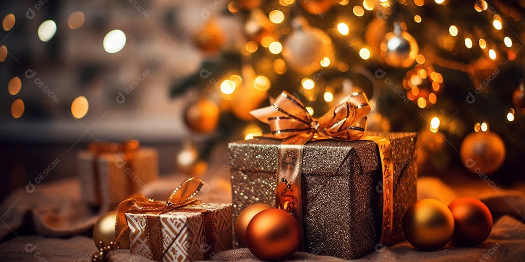 Decoração de Natal, árvore, bola, caixa de presente, fundo bokeh