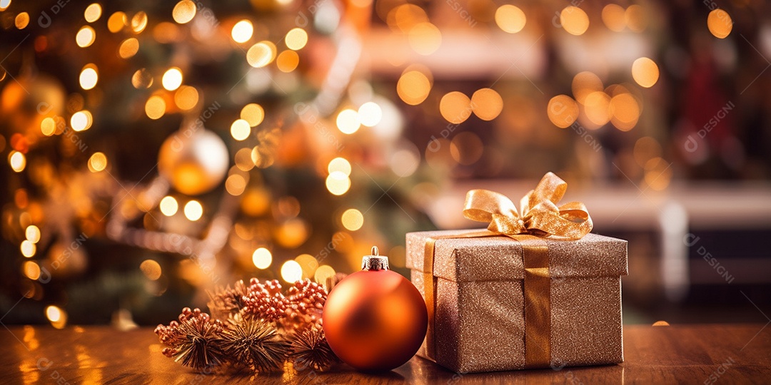 Decoração de Natal, árvore, bola, caixa de presente, fundo bokeh