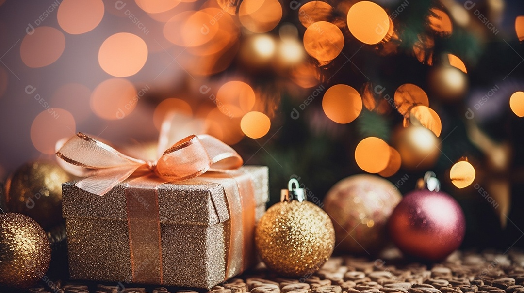 Decoração de Natal, árvore, bola, caixa de presente, fundo bokeh