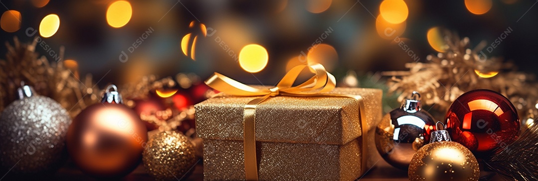 Decoração de Natal, árvore, bola, caixa de presente, fundo bokeh