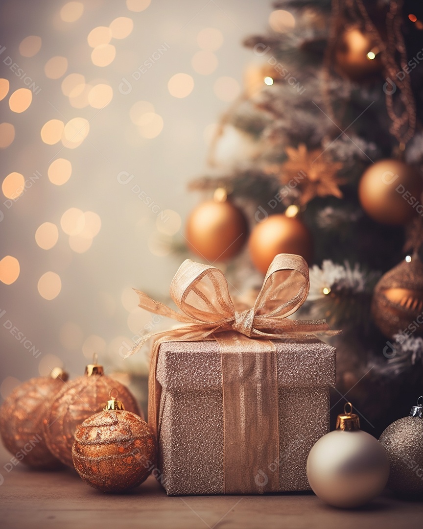 Decoração de Natal, árvore, bola, caixa de presente, fundo bokeh