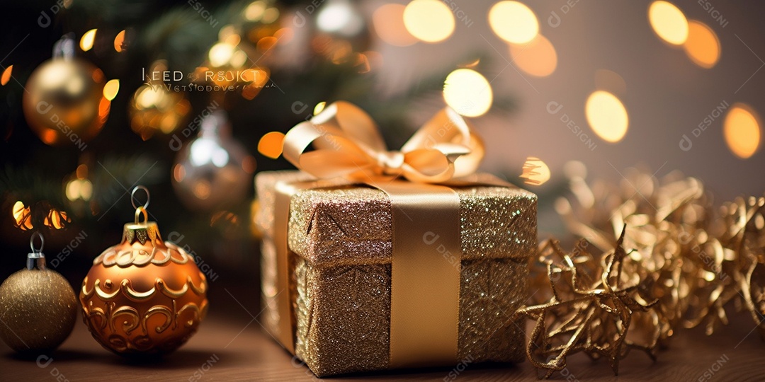 Decoração de Natal, árvore, bola, caixa de presente, fundo bokeh