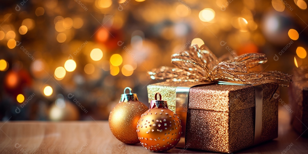 Decoração de Natal, árvore, bola, caixa de presente, fundo bokeh