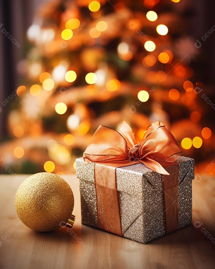 Decoração de Natal, árvore, bola, caixa de presente, fundo bokeh