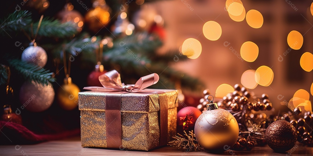 Decoração de Natal, árvore, bola, caixa de presente, fundo bokeh