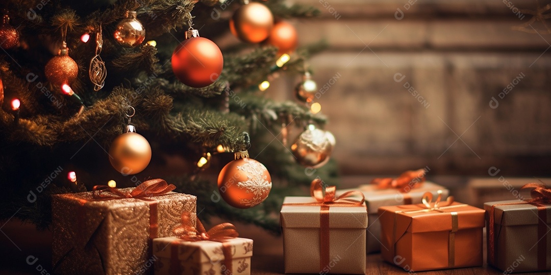 Decoração de Natal, árvore, bola, caixa de presente, fundo bokeh