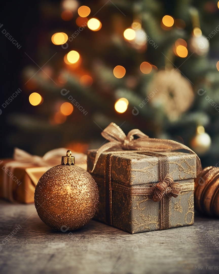 Decoração de Natal, árvore, bola, caixa de presente, fundo bokeh