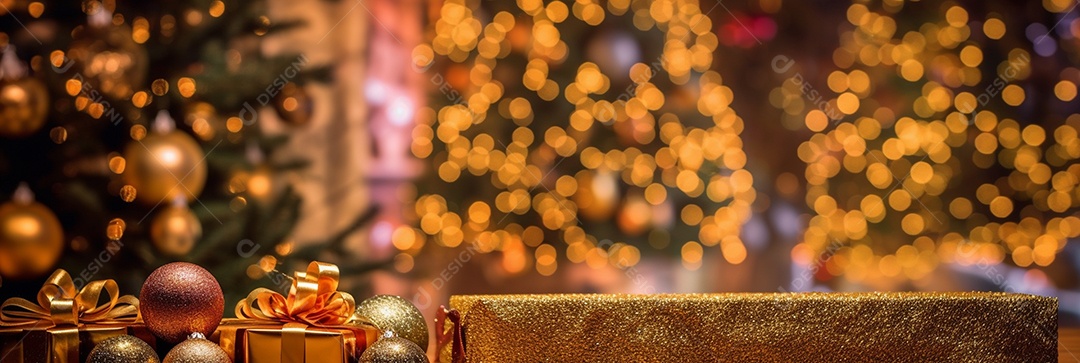 Decoração de Natal, árvore, bola, caixa de presente, fundo bokeh