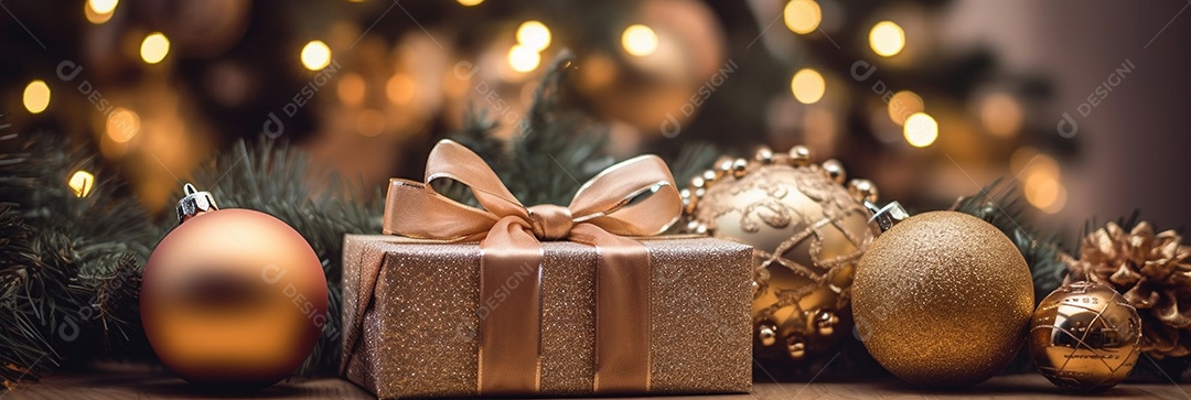 Decoração de Natal, árvore, bola, caixa de presente, fundo bokeh