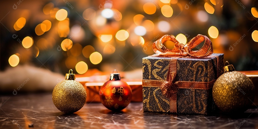 Decoração de Natal, árvore, bola, caixa de presente, fundo bokeh