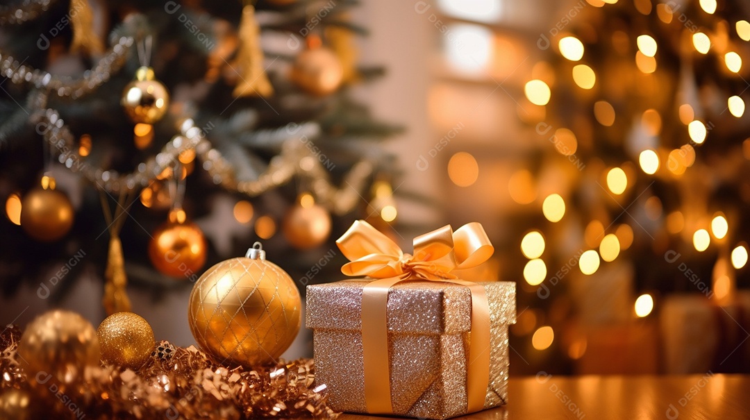 Decoração de Natal, árvore, bola, caixa de presente, fundo bokeh