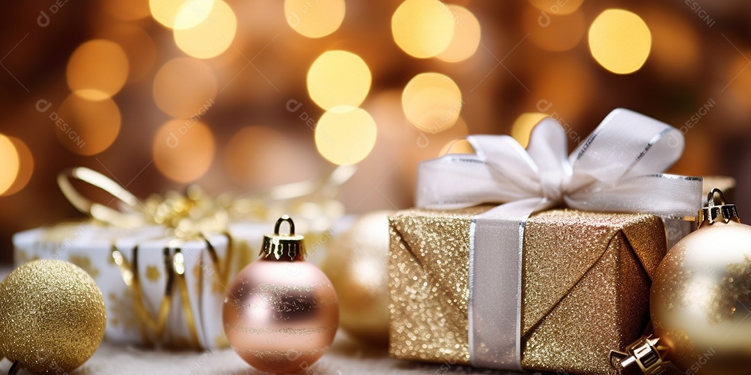 Decoração de Natal, árvore, bola, caixa de presente, fundo bokeh