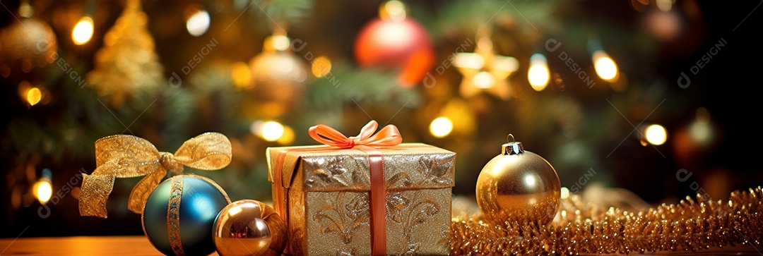 Decoração de Natal, árvore, bola, caixa de presente, fundo bokeh