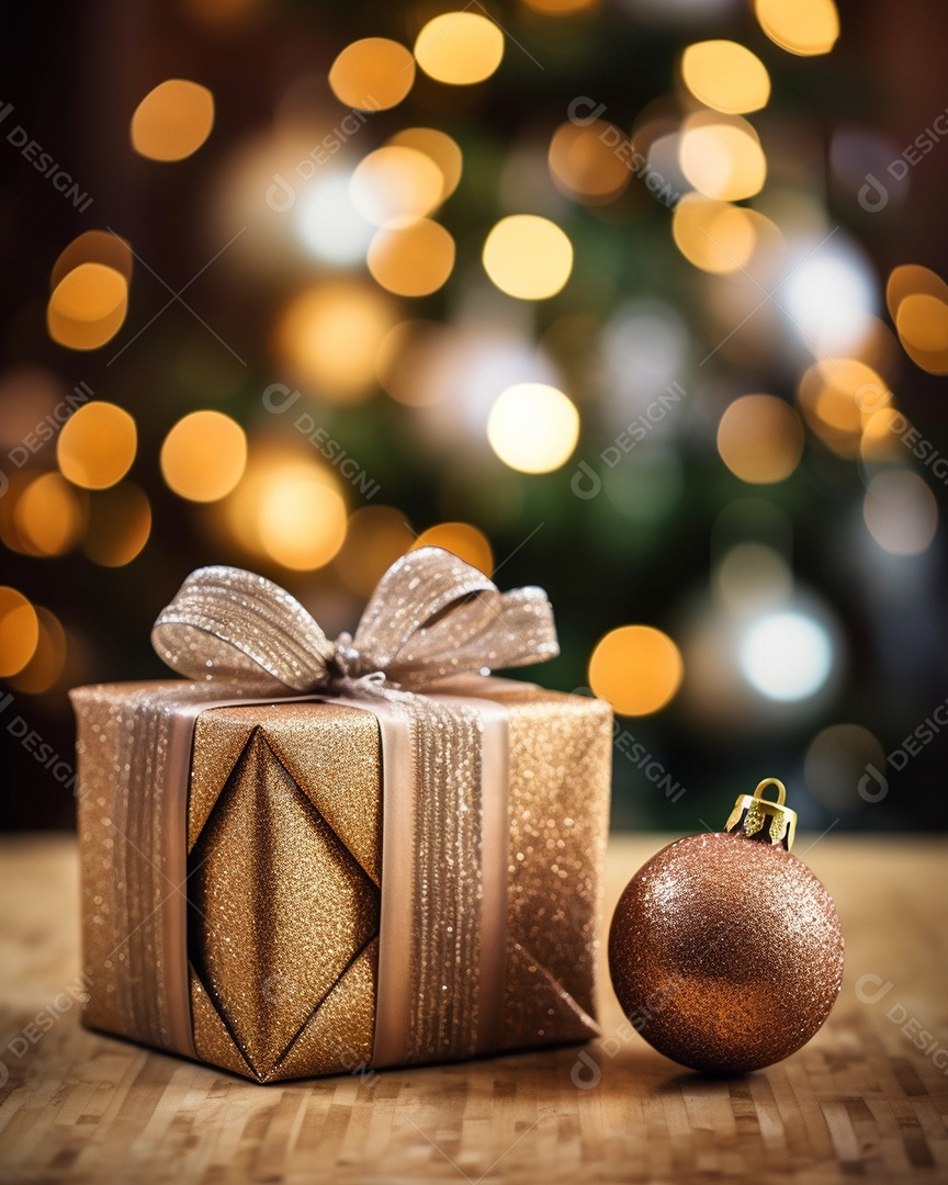 Decoração de Natal, árvore, bola, caixa de presente, fundo bokeh