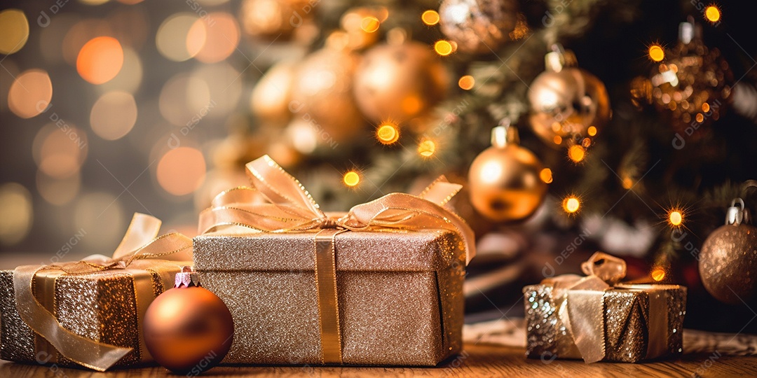 Decoração de Natal, árvore, bola, caixa de presente, fundo bokeh