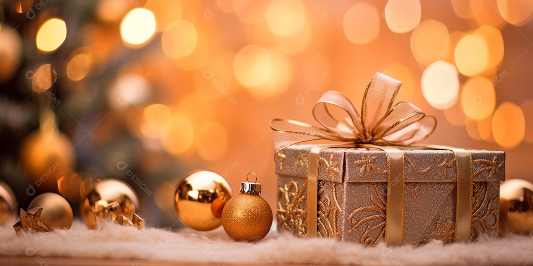 Decoração de Natal, árvore, bola, caixa de presente, fundo bokeh