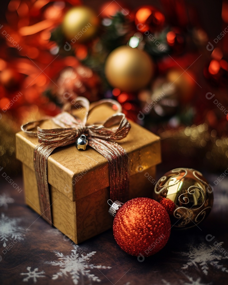 Decoração de Natal, árvore, bola, caixa de presente, fundo bokeh