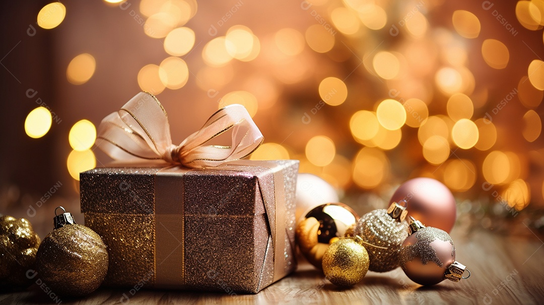 Decoração de Natal, árvore, bola, caixa de presente, fundo bokeh