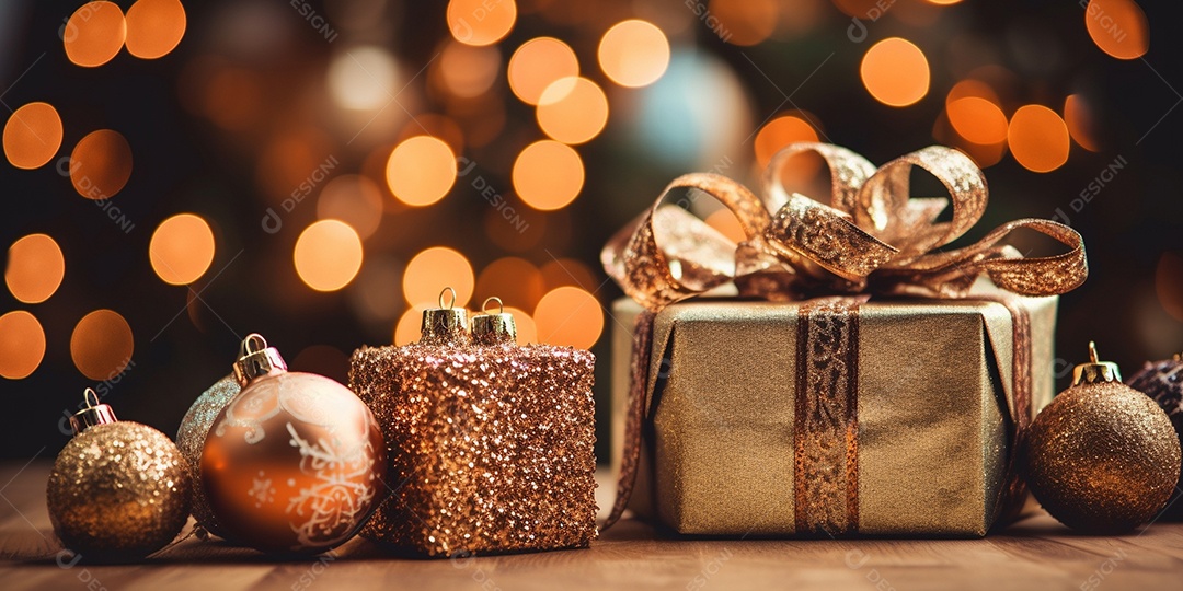 Decoração de Natal, árvore, bola, caixa de presente, fundo bokeh