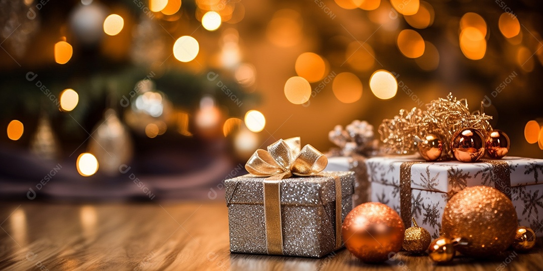 Decoração de Natal, árvore, bola, caixa de presente, fundo bokeh