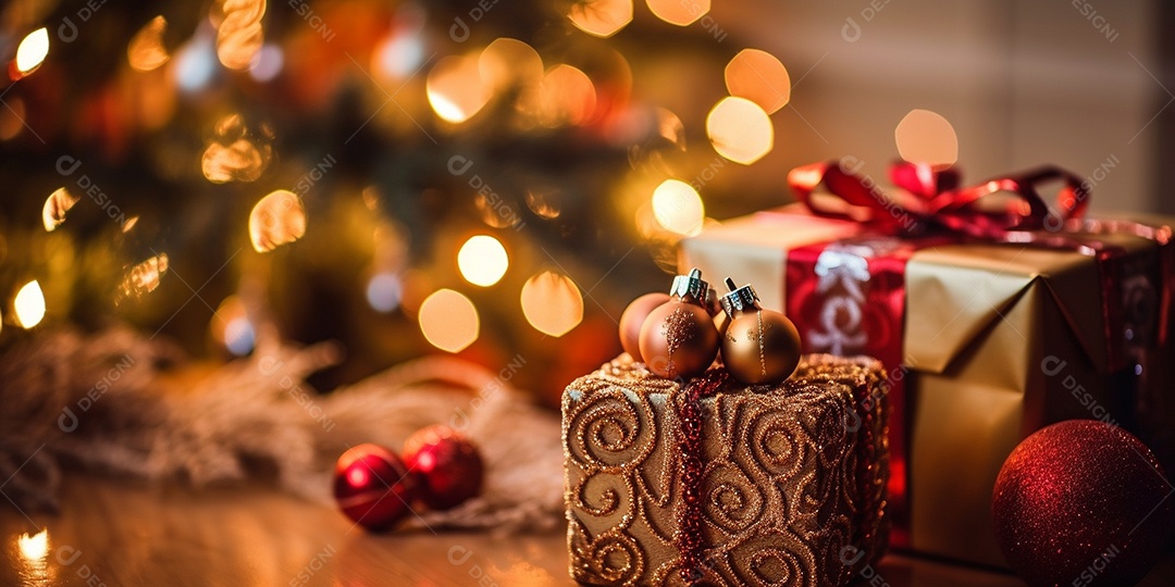 Decoração de Natal, árvore, bola, caixa de presente, fundo bokeh