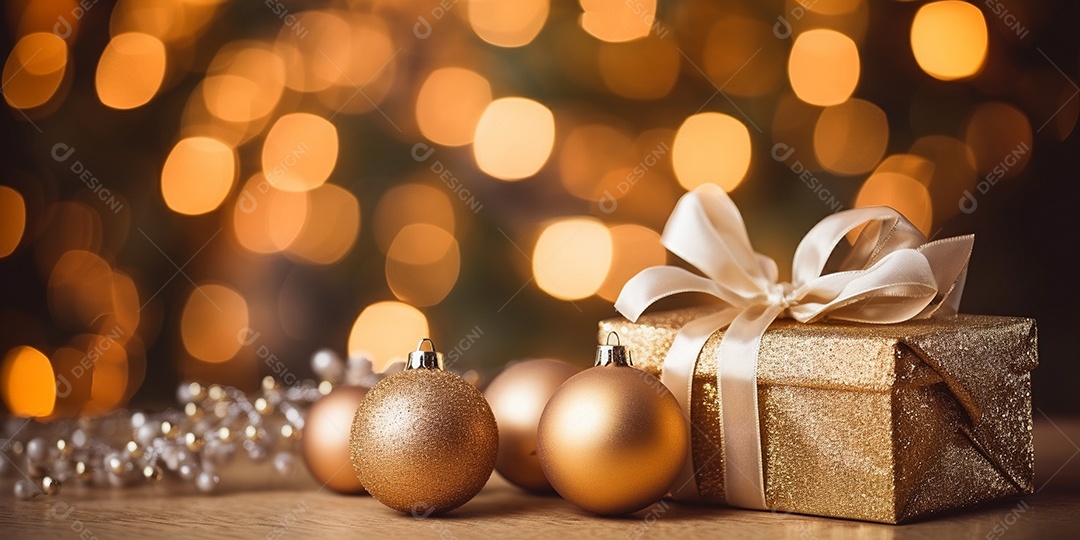 Decoração de Natal, árvore, bola, caixa de presente, fundo bokeh