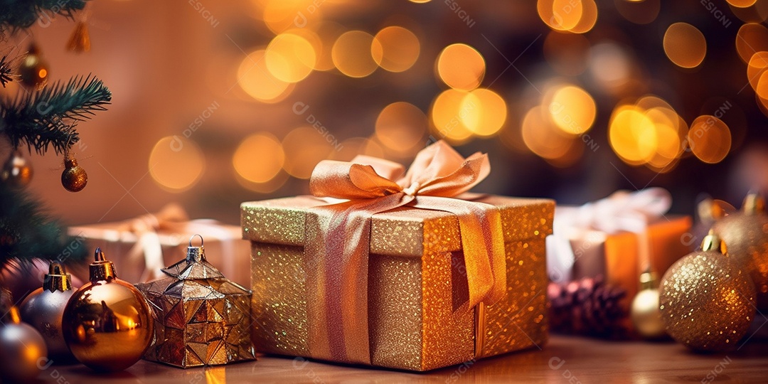 Decoração de Natal, árvore, bola, caixa de presente