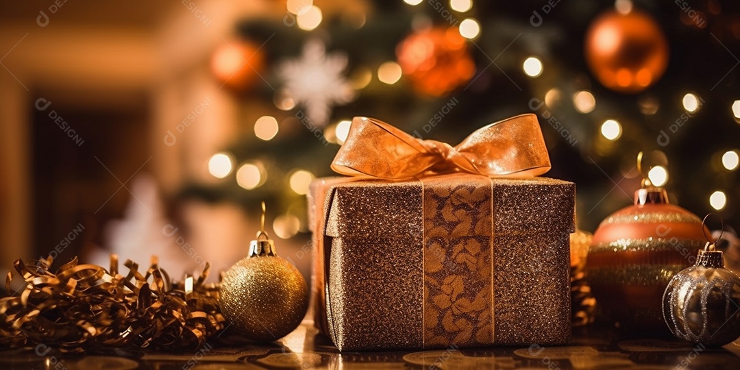 Decoração de Natal, árvore, bola, caixa de presente