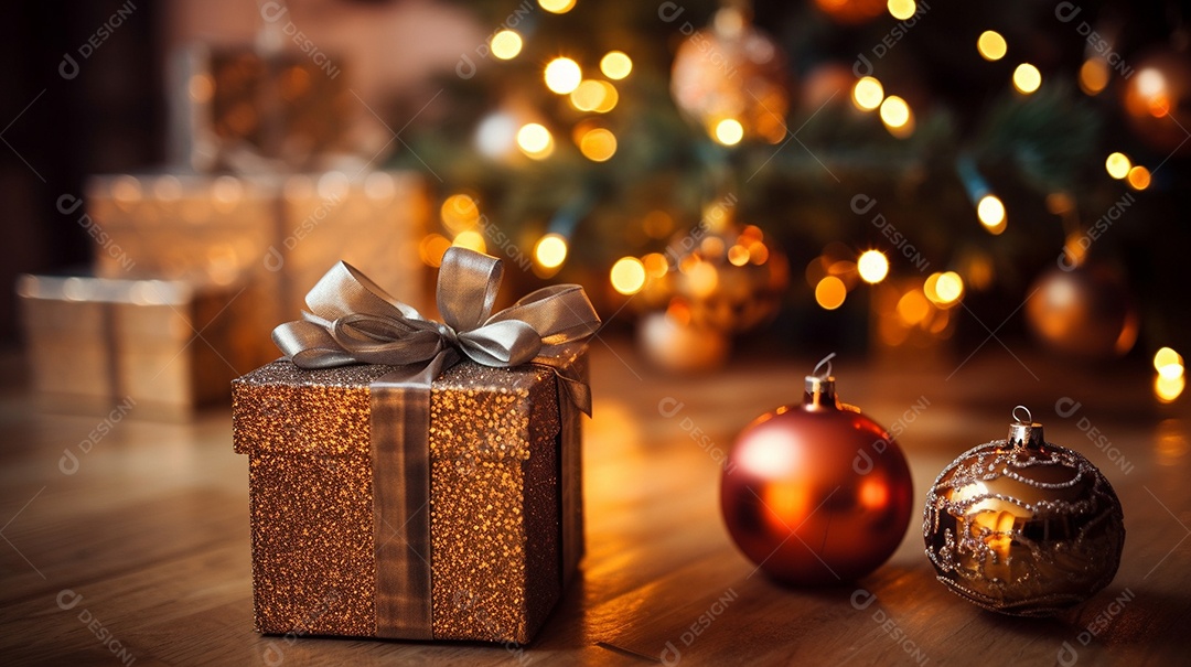 Decoração de Natal, árvore, bola, caixa de presente