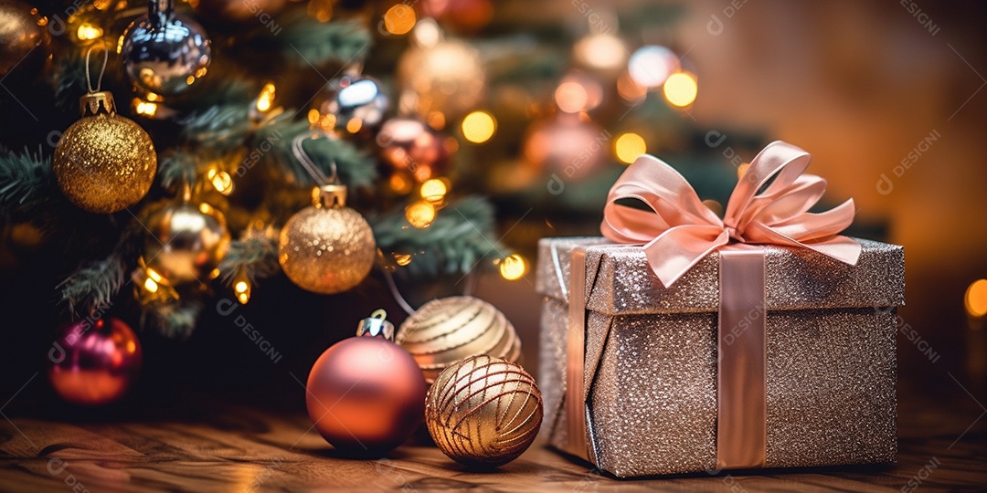 Decoração de Natal, árvore, bola, caixa de presente