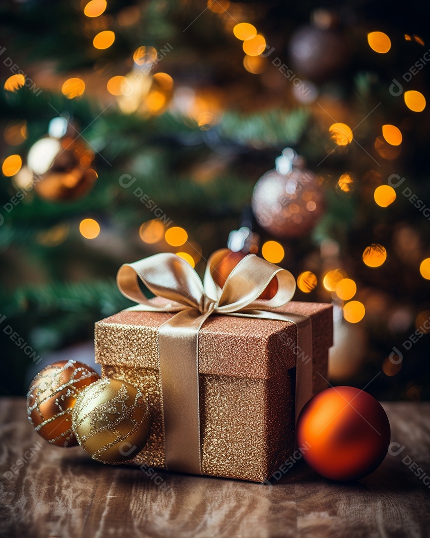 Decoração de Natal, árvore, bola, caixa de presente