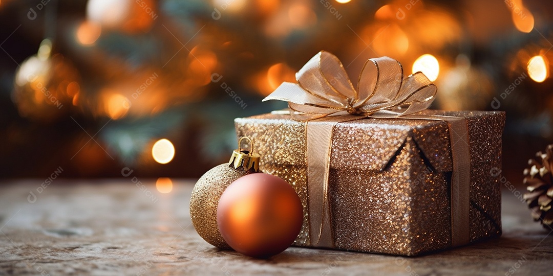 Decoração de Natal, árvore, bola, caixa de presente