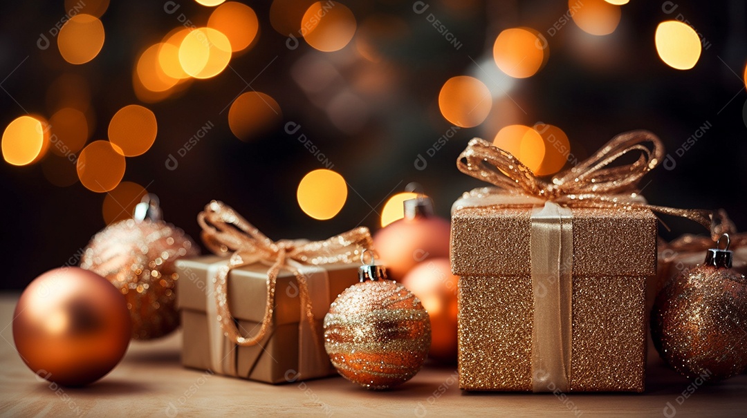 Decoração de Natal, árvore, bola, caixa de presente, fundo bokeh